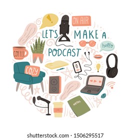 Let's make a podcast. Hand drawn cartoon concept for t-shirt print, banner, poster, card, flyer. Stock vector