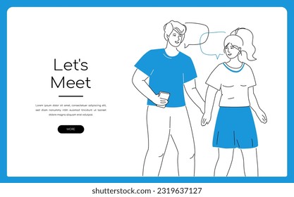 Lets meet - modern line design style isometric illustration on white background and text copy space. Composition with boy and girl holding hands and walking together. Date, romance and youth idea