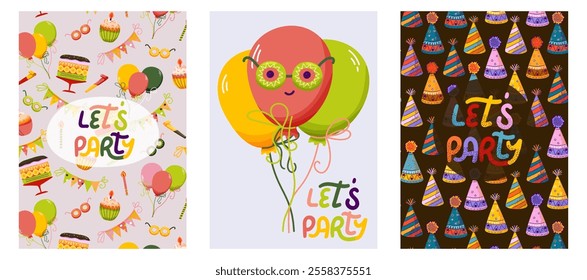 Lets Party colorful collection of cards themed designs featuring balloons, cakes, party hats, and playful decorations. For event invitations, card, poster, party decor, festive content