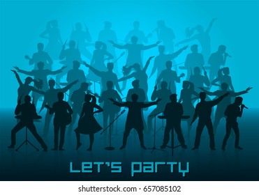 Let's party concept. Set of silhouettes of musicians, singers and dancers. Vector illustration