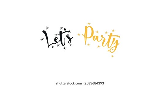 Let's Party! Decoration typography in black and gold isolated on transparent background.