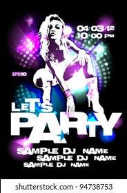 Let`s Party design template with fashion girl and place for text. Eps10 Vector.