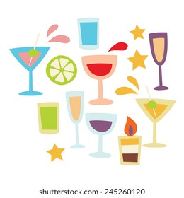 Let's party, different type of cocktail glasses icons set, simplicity cartoon flat style, vector art illustration.