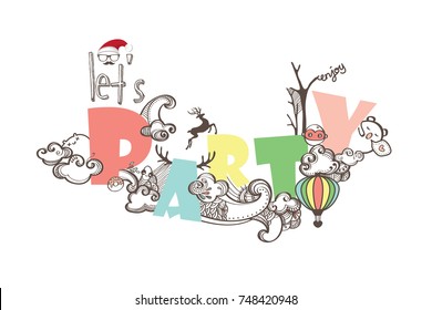 Let's Party Doodle Drawing for Party Decoration Background