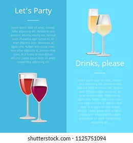 Lets party drinks please poster pair of glasses vector red and white wine, elite classical alcohol glassware, champagne winery banners with text