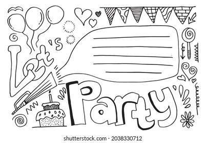 Let's party! Hand drawn cartoon illustration. Bright handdrawn lettering in circle for card, poster, banner. Vector illustration