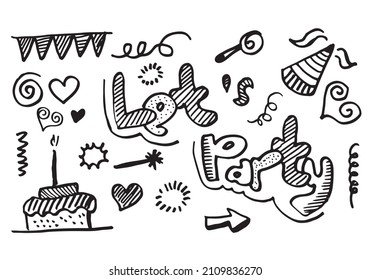 Let's party! Hand drawn cartoon illustration. Bright handdrawn lettering in circle for card, poster, banner. Vector illustration