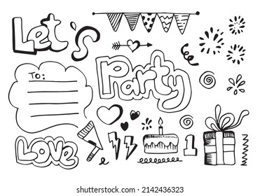 Let's party! Hand drawn cartoon illustration. Bright handdrawn lettering in circle for card, poster, banner. Vector illustration