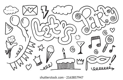 Let's party. Hand drawn cartoon illustration. Bright hand drawn lettering in circle for card, poster, banner. Vector illustration