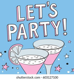 Let's party! Hand drawn cartoon illustration. Freehand doodles. 