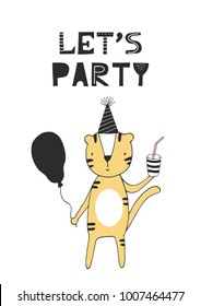 Let's party - hand drawn nursery birthday poster with little tiger and cut out lettering in scandinavian style. Monochrome kids vector illustration.