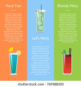 Let's party and have fun with Bloody Mary call with alcoholic beverages on different backgrounds. Vector with drinks decorated with small umbrella