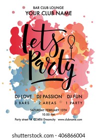 Let's Party lettering typography. Color Festival Party Flyer. Summer, Spring Party design template. Summer Party banner, flyer. Lettering for Festival of Color Party invitation card template