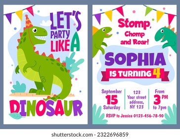 Let's party like a dinosaur birthday invitation. Kids' party card template with cute colorful dino, date, time, name and location of the celebration. Stomp, chomp and roar! Cartoon vector illustration