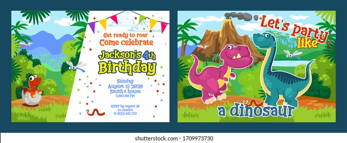 Lets party like dinosaurs birthday colourful card vector illustration. Get ready to roar come celebrate cartoon design. Bright tropical decorations. Fun concept