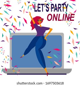 Let's party online. Happy woman dancing at online party organized by laptops. Stay at home. Concept of communications in self isolation, quarantine. Can used for web banner, social media, poster