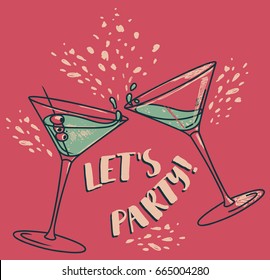 "Let's party!" poster with two cocktails, can be used as invitation banner for birthday party or as menu cover for cocktail bar, retro palette, vector illustration in sketch style