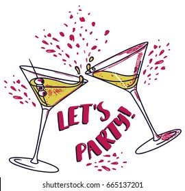 "Let's party!" poster with two cocktails, can be used as invitation banner for birthday party or as menu cover for cocktail bar, vector illustration in sketch style