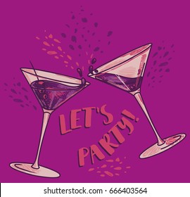 "Let's party!" poster with two cocktails, can be used as invitation banner for birthday party or as menu cover for cocktail bar, funky colors, vector illustration in sketch style