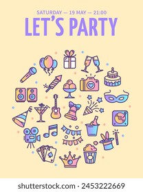 Lets Party Sign Round Design Template Color Thin Line Icon Banner for Promotion, Marketing and Advertising. Vector illustration