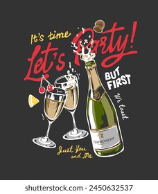 let's party slogan with champagne glasses and bottle hand drawn vector illustration