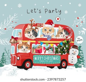 let's party slogan with lkitten friends on a bus vector illustration