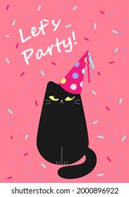 Let`s party! Stylish greeting cards with funny black cat for celebration, birthday. Vector greeting card with cute animal.