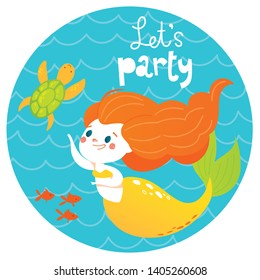 Let's party summer design. Vector cartoon style illustration with beautiful mermaid girl and sea fish. Great for any summer decoration.  