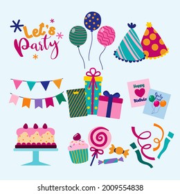Let's party word and element asset for design poster, invitation card, flyer Celebration Cartoon vector illustration 