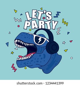 Let's party.Dinosaur Charakter Design.Cute Zeichnung.Fun T-Shirt Design für Kinder.Vektorgrafik Design für Modestoffe, Textilien, Druck.