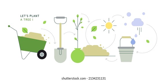 Let's plant a tree! Seedling with a gardening tools. Infographic illustration. Vector file.