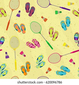 Let's play badminton. Seamless background of badminton rackets, beach slippers and shuttlecocks. Pattern.