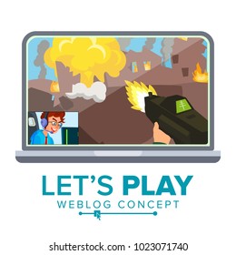 Let's Play Blogger Review Concept Vetor. Videoblogger On A Screen. Young Video Streamer Boy. Gaming Blog. Live Broadcast Online. Isolated Illustration
