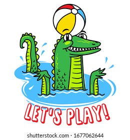 Let's play! Crocodile with beach ball on its head. Vector graphics. Apparel design.