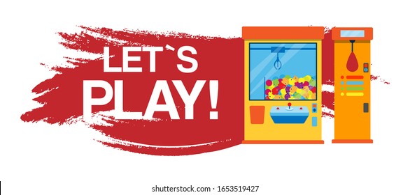 Lets play fishing games machine vector illustration. Gambling games machine where gamesome gambler or gamer hunt and win a toy. Banner with lets play typography.