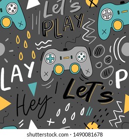 Let's play kids seamless pattern with joystick for print, textile, wallpaper. Modern illustration with hand lettering background.