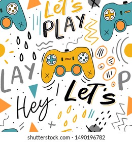 Let's play kids seamless pattern with joystick for print, textile, wallpaper. Modern illustration with hand lettering background.