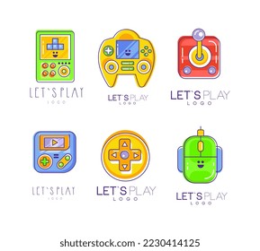 Lets play logo design set. Gaming controller, gamepad badges, labels vector illustration