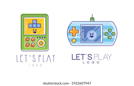 Lets Play Logo Design Templates Set, Gaming Console and Video Games Colorful Labels Vector Illustration