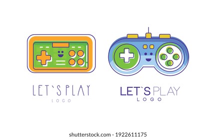 Lets Play Logo Design Templates Set, Game Console and Video Game Labels Vector Illustration