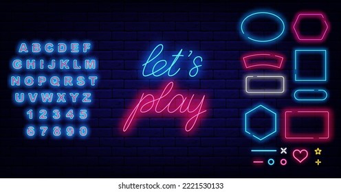 Lets play neon lettering. Various frames collection on brick wall. Glowing blue alphabet. Game design. Virtual reality play room. Shiny banner. Vector stock illustration