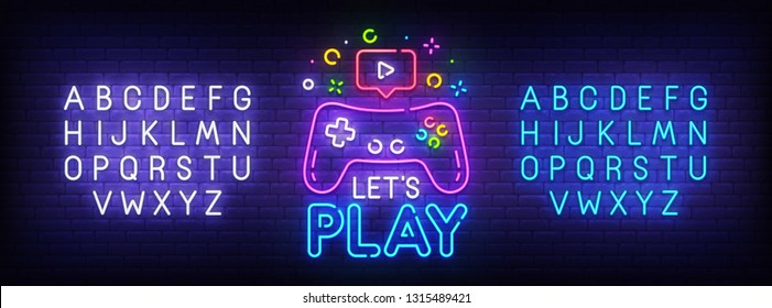 Let's Play neon sign, bright signboard, light banner. Game logo, emblem and label. Neon sign creator. Neon text edit