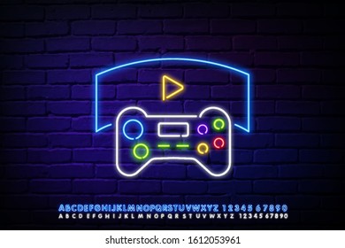 Let's Play neon sign, bright signboard, light banner. Game logo neon, emblem. Vector illustration. Virtual reality concept icon in neon style.