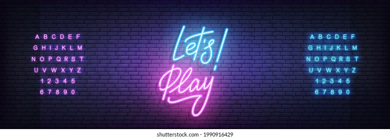 Let's Play neon template. Glowing neon lettering Lets play sign