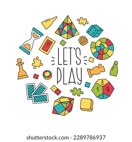 Lets Play Phrase Decorated with Doodle Hand Drawn Design Elements. Board Games Vector Illustration. Leisure Home Entertainment Collection.