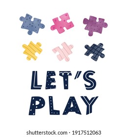 Let's play phrase hand drawn lettering in Scandinavian style  and colorful puzzles vector illustration.