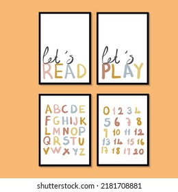 Let's Play Let's Read, Alphabet, Numbers. Playroom Wall Art, Playroom Posters, Kids Room Decor, Playroom Set, Kids room print illustration.