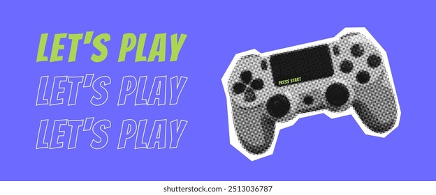 Let's play retro collage concept with video game console in dotted style. Playing controller game element with halftone effect on violet background. Vector