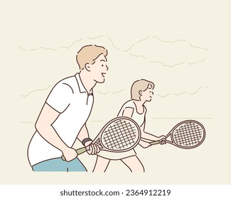 Lets play. Side view of beautiful young couple playing tennis on the tennis court. Hand drawn style vector design illustrations.