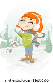 Let's play snowballs!/ The vector illustration of the Smiling Girl Enjoying Snow